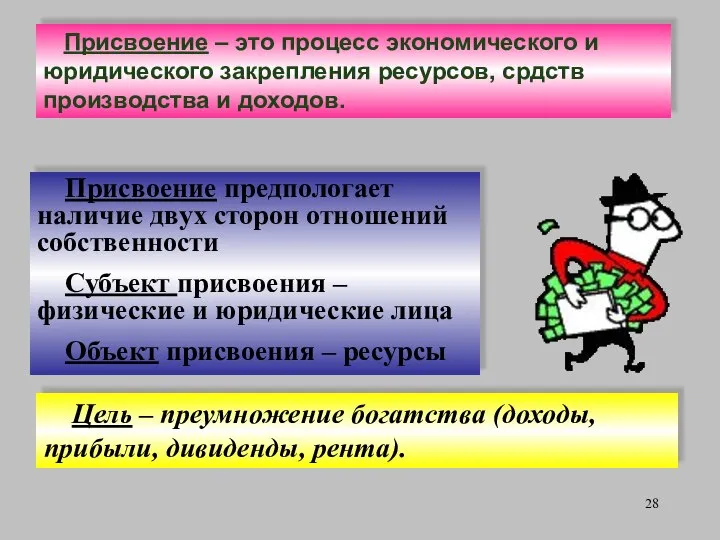 Присвоение – это процесс экономического и юридического закрепления ресурсов, срдств производства