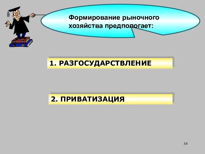 1. РАЗГОСУДАРСТВЛЕНИЕ 2. ПРИВАТИЗАЦИЯ Формирование рыночного хозяйства предпологает: