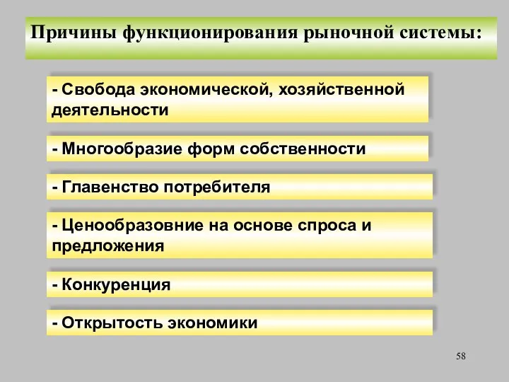 Причины функционирования рыночной системы: - Свобода экономической, хозяйственной деятельности - Многообразие