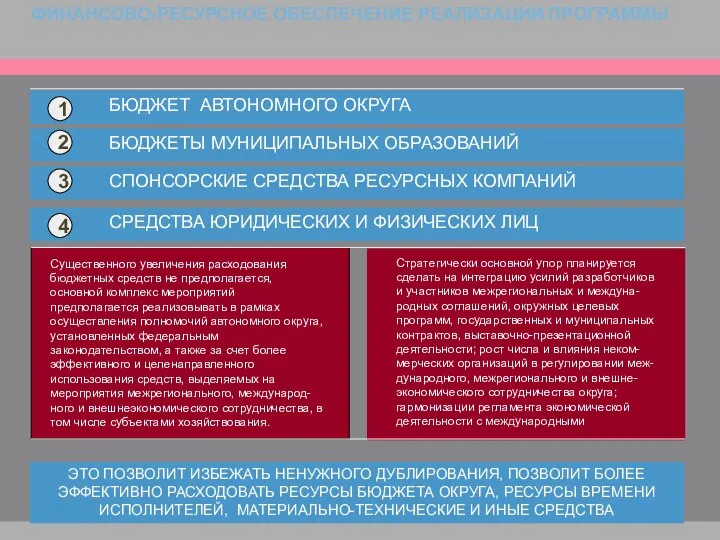 ФИНАНСОВО-РЕСУРСНОЕ ОБЕСПЕЧЕНИЕ РЕАЛИЗАЦИИ ПРОГРАММЫ ЭТО ПОЗВОЛИТ ИЗБЕЖАТЬ НЕНУЖНОГО ДУБЛИРОВАНИЯ, ПОЗВОЛИТ БОЛЕЕ