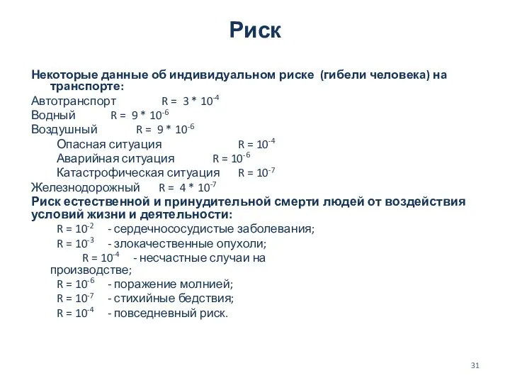 Риск Некоторые данные об индивидуальном риске (гибели человека) на транспорте: Автотранспорт