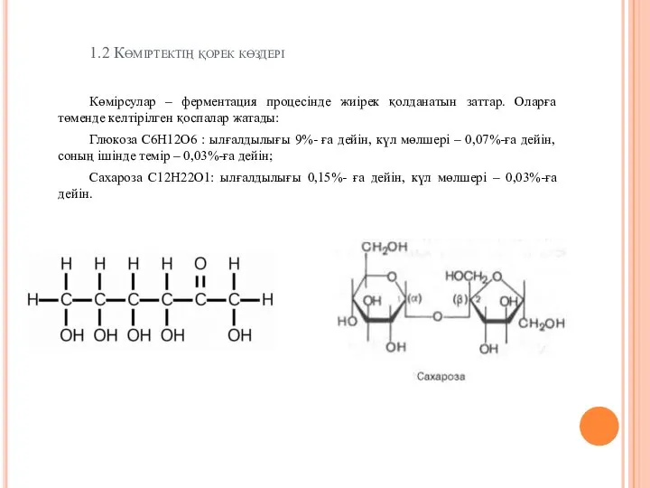 1.2 Көміртектің қорек көздері Көмірсулар – ферментация процесінде жиірек қолданатын заттар.