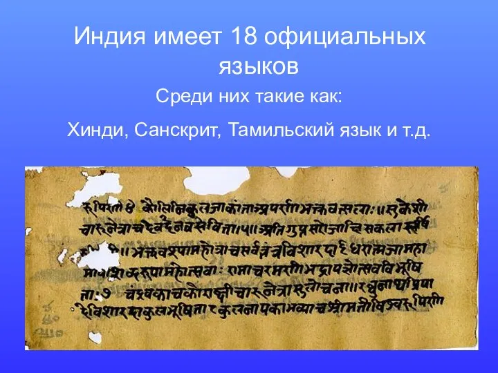 Индия имеет 18 официальных языков Среди них такие как: Хинди, Санскрит, Тамильский язык и т.д.