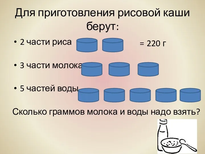 Для приготовления рисовой каши берут: 2 части риса 3 части молока