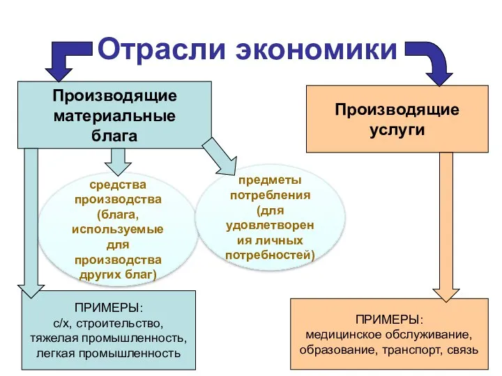 Отрасли экономики Производящие материальные блага Производящие услуги ПРИМЕРЫ: с/х, строительство, тяжелая