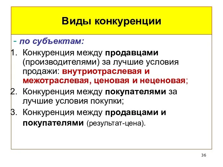 Виды конкуренции - по субъектам: Конкуренция между продавцами (производителями) за лучшие