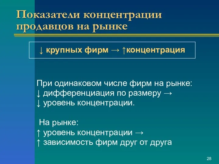 Показатели концентрации продавцов на рынке При одинаковом числе фирм на рынке: