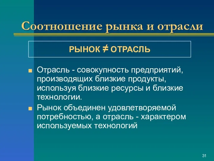 Соотношение рынка и отрасли Отрасль - совокупность предприятий, производящих близкие продукты,