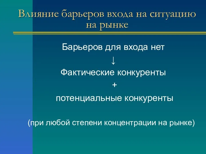 Влияние барьеров входа на ситуацию на рынке Барьеров для входа нет