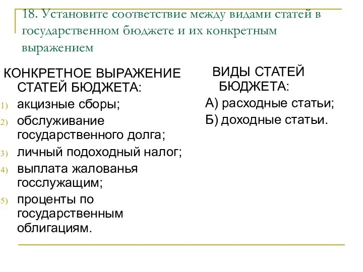 18. Установите соответствие между видами статей в государственном бюджете и их