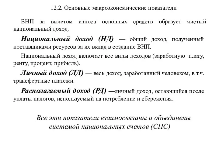 12.2. Основные макроэкономические показатели ВНП за вычетом износа основных средств образует