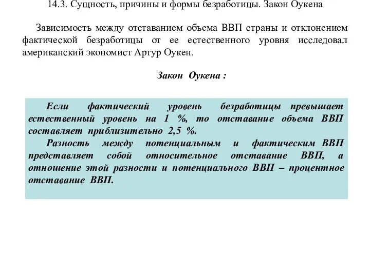 14.3. Сущность, причины и формы безработицы. Закон Оукена Зависимость между отставанием