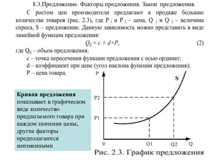 8.3.Предложение. Факторы предложения. Закон предложения. Эластичность предложения Кривая предложения показывает в