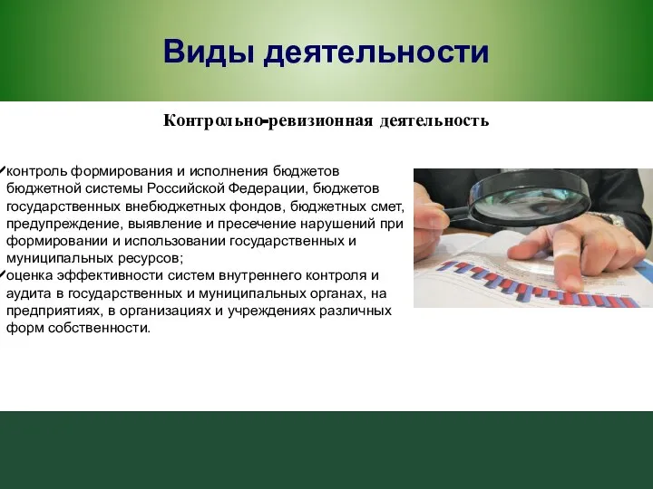 Виды деятельности контроль формирования и исполнения бюджетов бюджетной системы Российской Федерации,