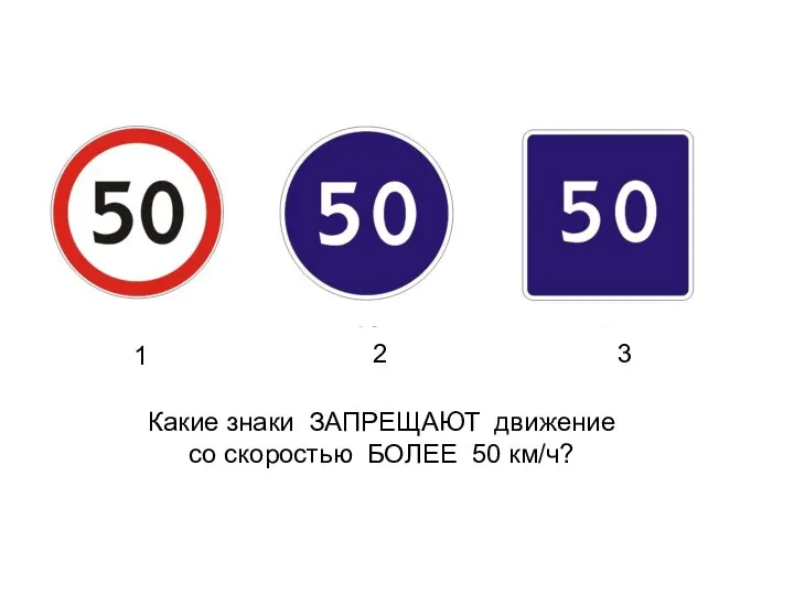 Какие знаки ЗАПРЕЩАЮТ движение со скоростью БОЛЕЕ 50 км/ч? 1 2 3