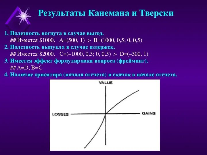 Результаты Канемана и Тверски 1. Полезность вогнута в случае выгод. ##