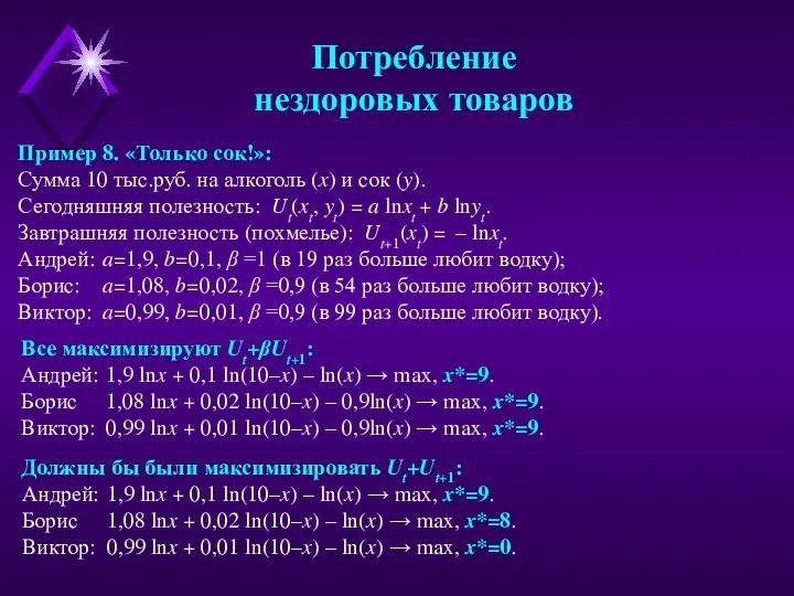 Пример 8. «Только сок!»: Сумма 10 тыс.руб. на алкоголь (x) и