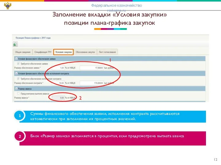 Заполнение вкладки «Условия закупки» позиции плана-графика закупок 2 Блок «Размер аванса»