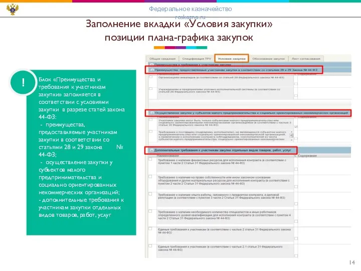 Заполнение вкладки «Условия закупки» позиции плана-графика закупок Федеральное казначейство roskazna.ru Блок