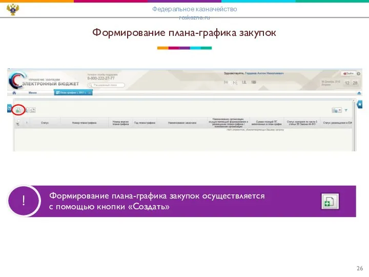! Формирование плана-графика закупок Формирование плана-графика закупок осуществляется с помощью кнопки «Создать» Федеральное казначейство roskazna.ru