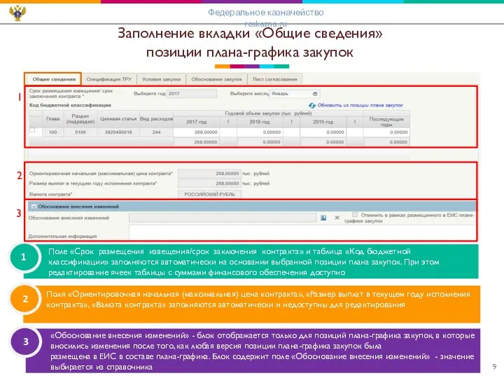 Заполнение вкладки «Общие сведения» позиции плана-графика закупок Федеральное казначейство roskazna.ru Поле