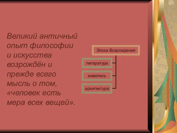 Великий античный опыт философии и искусства возрождён и прежде всего мысль