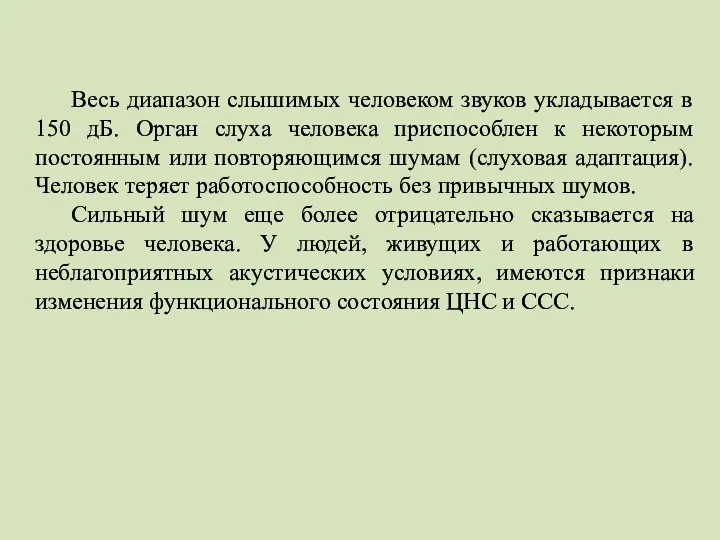 Весь диапазон слышимых человеком звуков укладывается в 150 дБ. Орган слуха