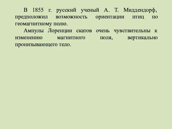 В 1855 г. русский ученый А. Т. Миддендорф, предположил возможность ориентации