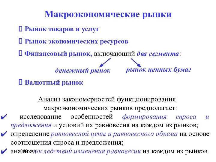 Макроэкономические рынки Анализ закономерностей функционирования макроэкономических рынков предполагает: исследование особенностей формирования