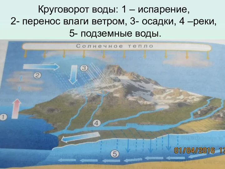 Круговорот воды: 1 – испарение, 2- перенос влаги ветром, 3- осадки, 4 –реки, 5- подземные воды.