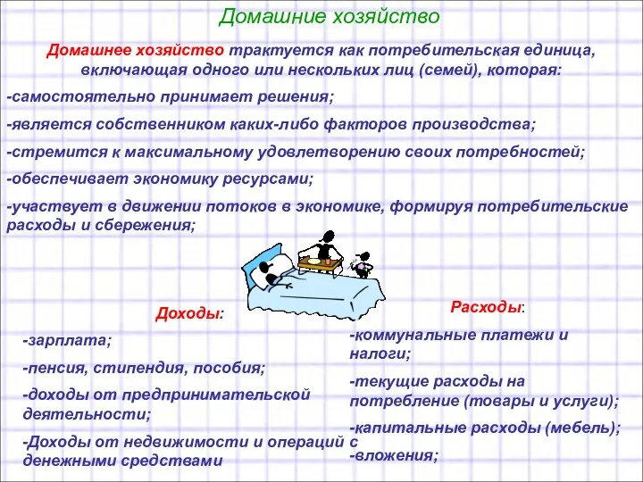 Домашние хозяйство Домашнее хозяйство трактуется как потребительская единица, включающая одного или