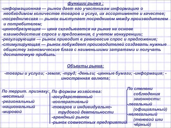 функции рынка : -информационная — рынок дает его участникам информацию о