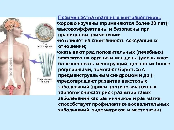 Преимущества оральных контрацептивов: хорошо изучены (применяются более 30 лет); высокоэффективны и