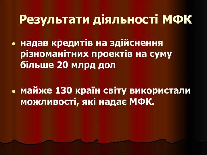 Результати діяльності МФК надав кредитів на здійснення різноманітних проектів на суму