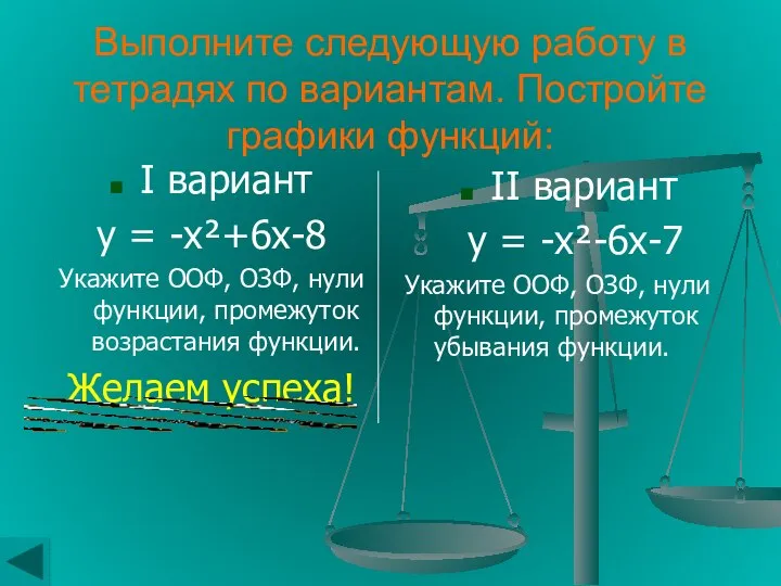 Выполните следующую работу в тетрадях по вариантам. Постройте графики функций: I