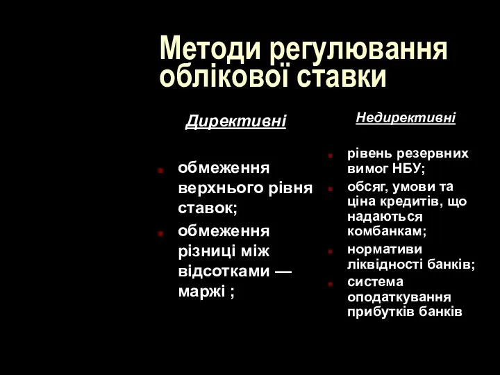 Методи регулювання облікової ставки Директивні обмеження верхнього рівня ставок; обмеження різниці