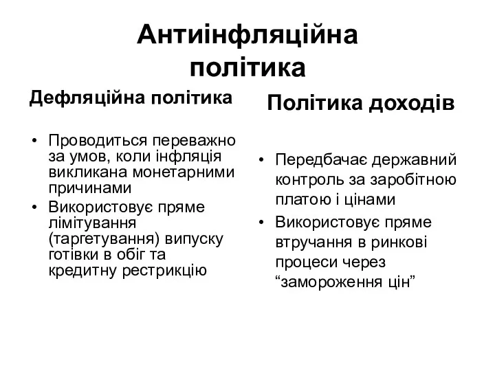 Антиінфляційна політика Дефляційна політика Проводиться переважно за умов, коли інфляція викликана