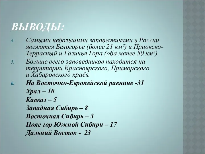 ВЫВОДЫ: Самыми небольшими заповедниками в России являются Белогорье (более 21 км²)