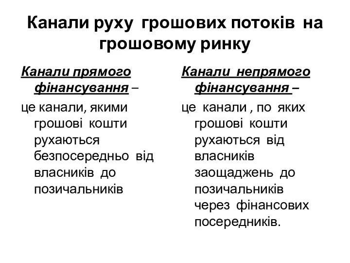 Канали руху грошових потоків на грошовому ринку Канали прямого фінансування –