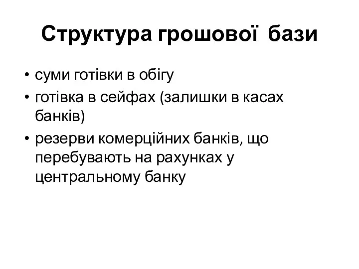 Структура грошової бази суми готівки в обігу готівка в сейфах (залишки