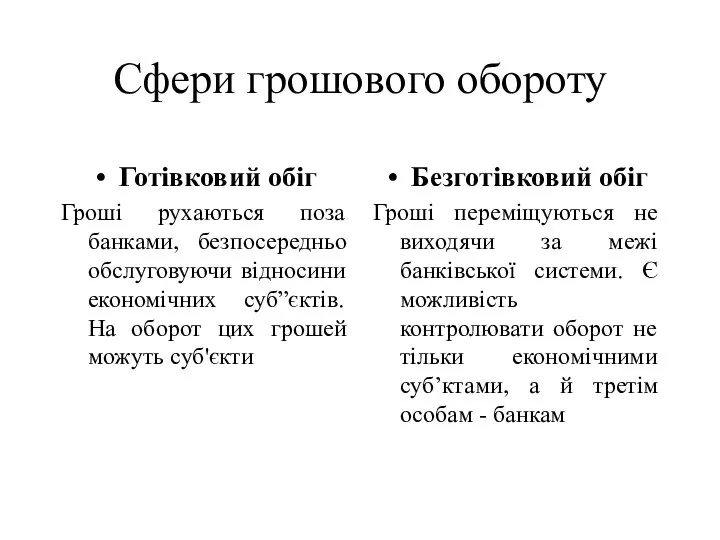 Сфери грошового обороту Готівковий обіг Гроші рухаються поза банками, безпосередньо обслуговуючи