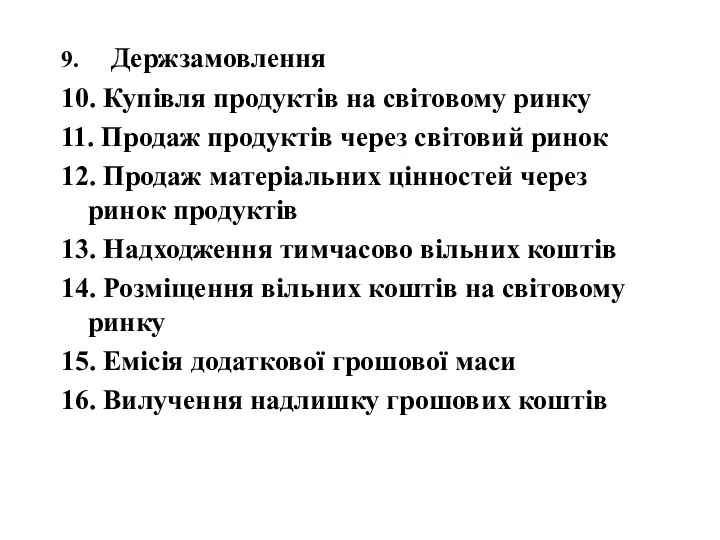 9. Держзамовлення 10. Купівля продуктів на світовому ринку 11. Продаж продуктів