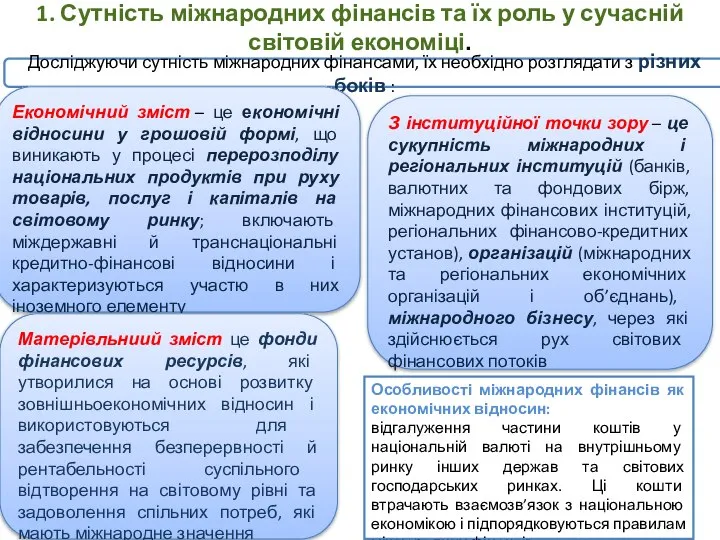 Досліджуючи сутність міжнародних фінансами, їх необхідно розглядати з різних боків :