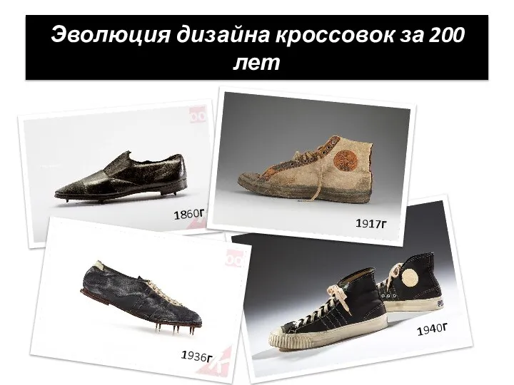 Эволюция дизайна кроссовок за 200 лет 1860г 1917г 1936г 1940г