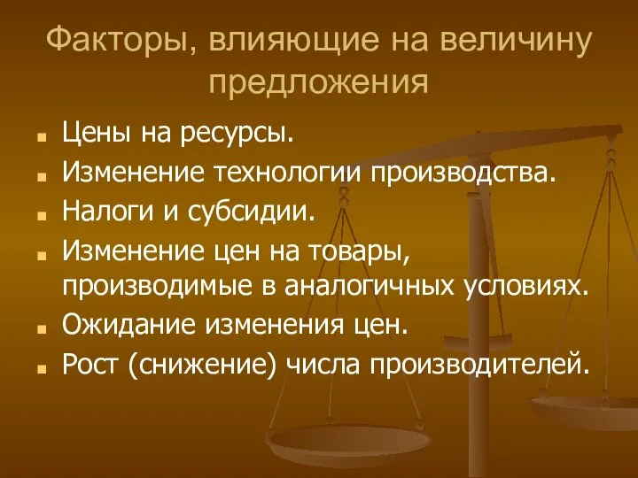 Факторы, влияющие на величину предложения Цены на ресурсы. Изменение технологии производства.