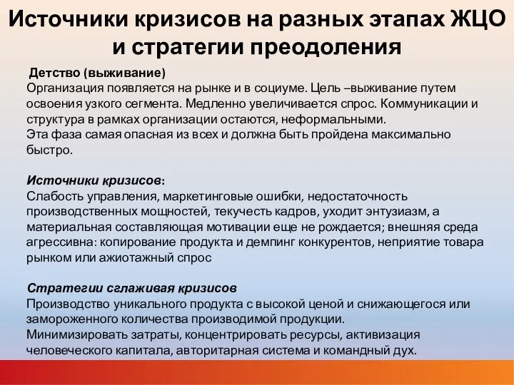 Источники кризисов на разных этапах ЖЦО и стратегии преодоления Детство (выживание)