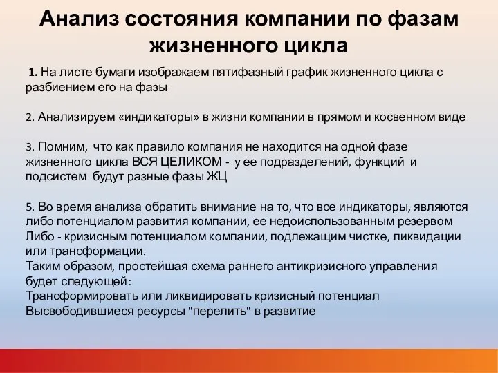 Анализ состояния компании по фазам жизненного цикла 1. На листе бумаги