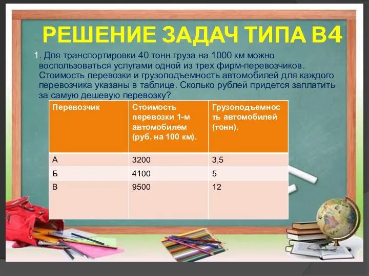 РЕШЕНИЕ ЗАДАЧ ТИПА В4 1. Для транспортировки 40 тонн груза на