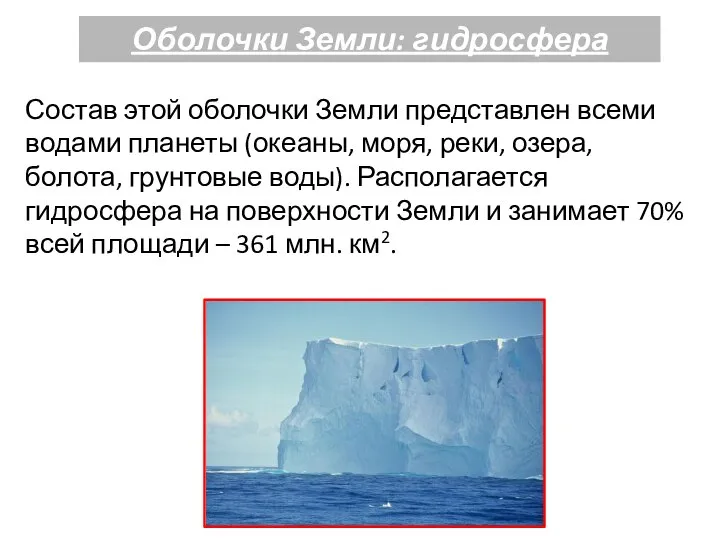 Оболочки Земли: гидросфера Состав этой оболочки Земли представлен всеми водами планеты