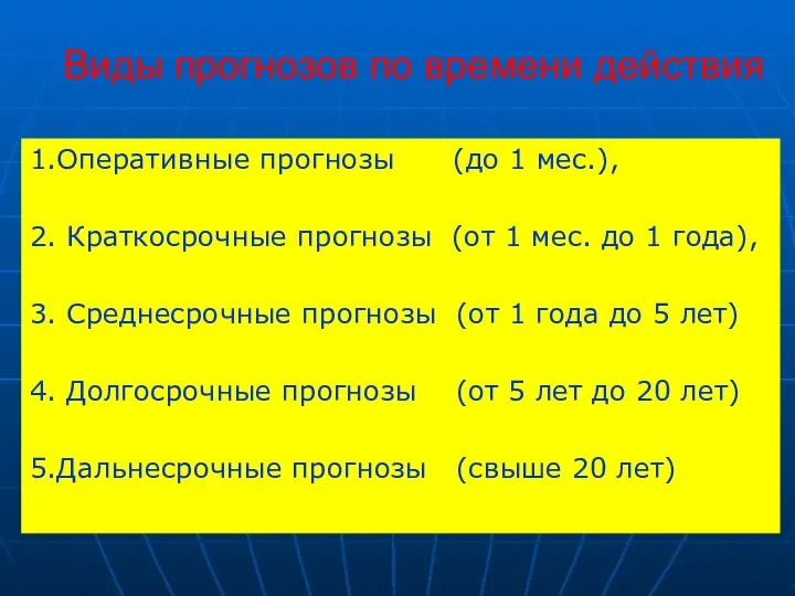 Виды прогнозов по времени действия 1.Оперативные прогнозы (до 1 мес.), 2.